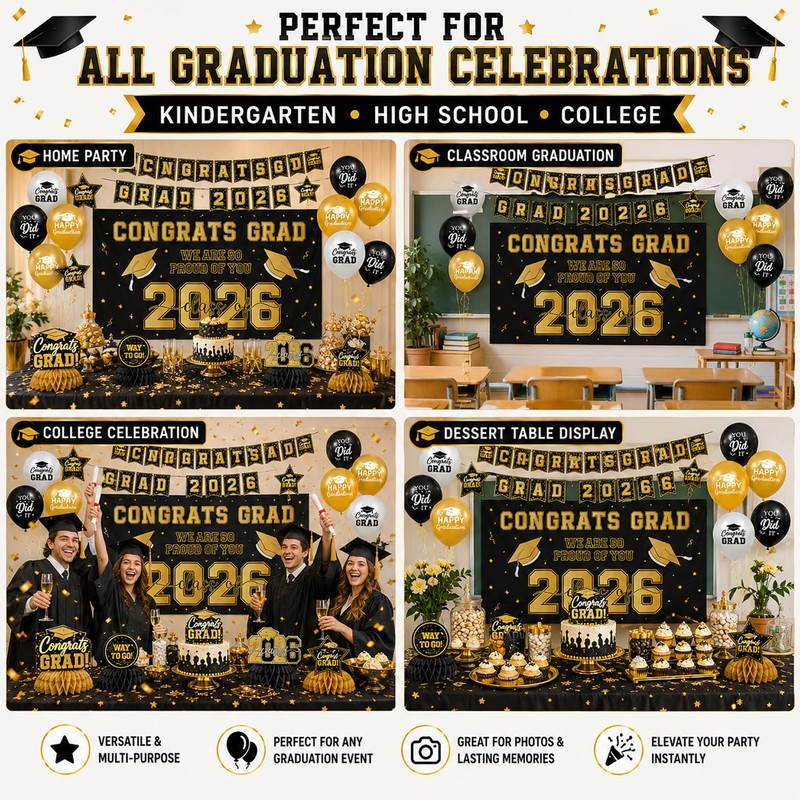 2026 Graduation Decorations Set, Gold and Black Party Supplies -