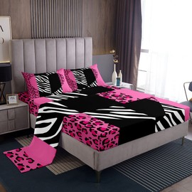 Manfei Leopard Sheet Set Full Size, Love Heart Bed Sheet Set 4pcs with Deep Pocket Fitted Sheet + Flat Sheet + 2 Pillowcases, Black White Pink Leopard Zebra Print Bedding Set for Kid Girls Room Decor