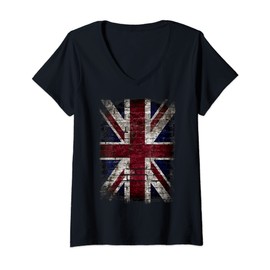 Womens Grunge British Flag, UK Vintage Distress Punk Style V-Neck T-Shirt