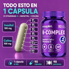 Complejo B Completo Vegano con Inositol y Colina – Vitaminas B1, B2, B3, B5, B6, B7, B9 y B12 – Suplemento para Energía y Sistema Nervioso – Sin Glute