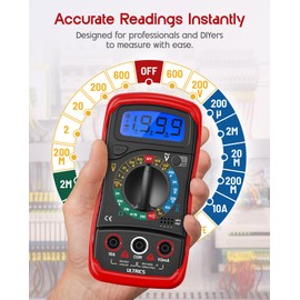 ULTRICS Digital Multimeter, Voltmeter Ammeter Ohmmeter with Test Leads Backlight LCD Display, Multi Tester Measures OHM AC DC Voltage Current Resistance Circuit Continuity Diodes Electric Tester