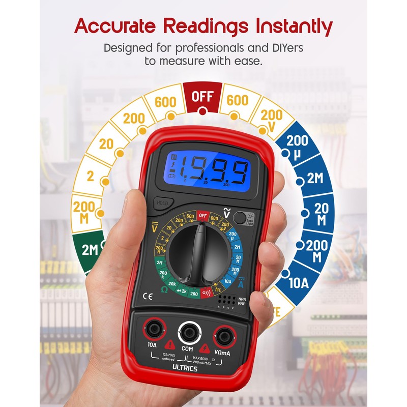 ULTRICS Digital Multimeter, Voltmeter Ammeter Ohmmeter with Test Leads Backlight