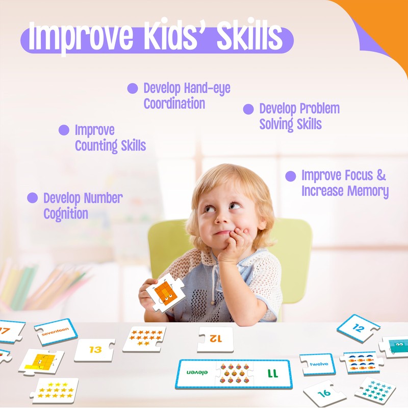 1-20 Number Puzzles, 20 Self-Correcting Matching Puzzle Set, Educational Counting