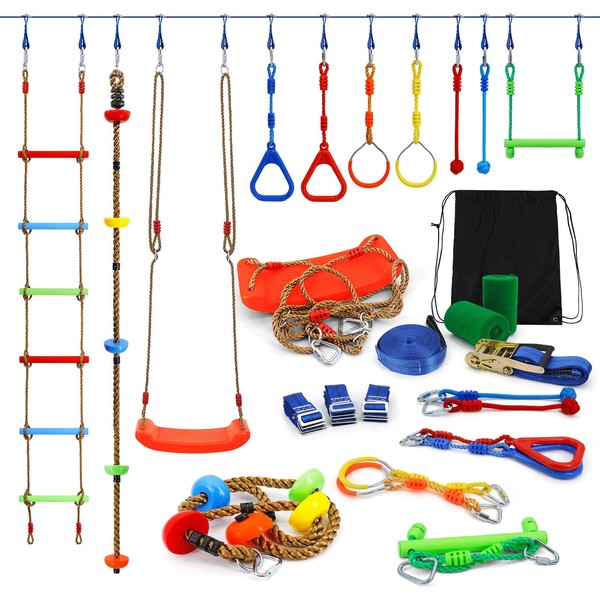 Kawuneeche Ninja Warrior Obstacle Course Kit for Kids Ninja Slackline with 10 Accessories Monkey Bars, Ladder, Climbing Rope, Gym Rings, Swing, Monkey Fist for Backyard Training Equipment