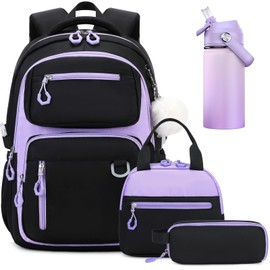 Bevalsa School Backpack for Girls, Bookpack with 14oz Insulated Water Bottle, Lunch Bag & Pen Case, Schoolbag for Kids & BPA-FREE Stainless Steel Metal Cup for Elementary Middle Student (Black Purple)