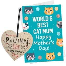 RED OCEAN Mothers Day Card For Best Cat Mum - Funny Mothers Day Wooden Heart And Card For Mum - Funny Mothers Day Card From The Cat - Novelty Mother's Day Cards