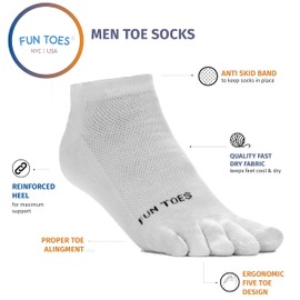 FUN TOES Men's Toe Socks Barefoot Running Pack Of 6 Pairs 10-13 White