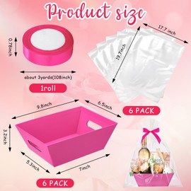 RattanView 12 Pcs Empty Gift Wrapping Baskets Kit, 6 Wine Basket 6 Cellophane Bag Gift Basket Kit to Fill for Baby Shower Birthday Party Wrapping Gift (Hot Pink,Hot Pink Ribbon)
