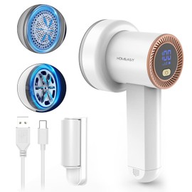 Fabric Shaver Fuzz Remover Rechargeable, HOMEASY Electric Lint Remover Shaver with 3 Blades & LED Digital Display, Sweater Couch Fabric Pill Shaver for Sweater, Couch, Furniture (White)