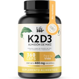 LIFE 360 Vitamina K2 y D3 400 UI  360 Cpsulas  Sin azcar aadida ni colorantes  Cpsulas de Gelatina a Base de Almidn de Maz con Vitamina K2 y Vitamina 