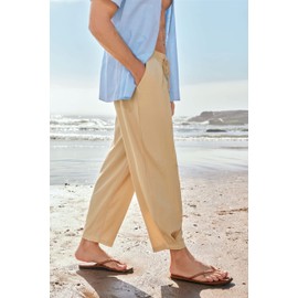 Gafeng Mens Linen Yoga Pants Elastic Waist Drawstring Summer Beach Loose Fit Casual Tapered Trousers Beige