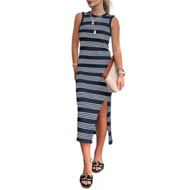 PRETTYGARDEN Women's Summer Bodycon Sundresses Casual Midi Sleeveless Hollow Out Knit Side Slit Striped Long Tank Dress (Striped Navy White,Large)