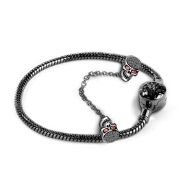 GNOCE Black Skull Charm Bracelet with Safety Chain Sterling Silver Snake Chain "Because I Love You" Basic Charm Bangle with Round Clasp (Black, 19)