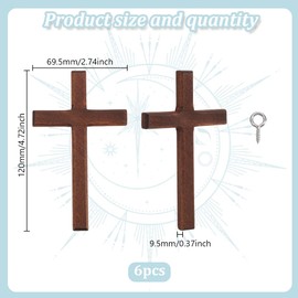 GOMAKERER 6 Pcs Wood Crafted Cross, 12x6.95x0.95cm Unfinished Wooden Cross Charm Pendants Hanging Cross Decoration Religion Cross Beads with Drill Studs for Party Easter Jewelry Making Home, Coffee