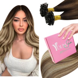YoungSee Utip Hair Extensions Balayage U Tip Hair Extensions Real Human Hair Ombre Dark Brown to Brown with Blonde Keratin Hair Extensions U Tip Silky U Tips Remy Hair Extensions Straight 16In 50s/50g