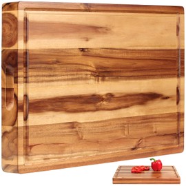 Acacia Wood Cutting Board (17x13x1.5in) and Wooden Butcher Block, Chopping Board - Reversible Multipurpose For Meat, Cheese Board, Vegetables, Bread...with Juice Groove, Cracker Holder & Inner Handles