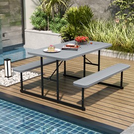 Giantex Picnic Table Bench Set for 4 People, 4.5FT Outdoor Rectangular Dining Table & 2 Benches w/Umbrella Hole, HDPE Tabletop, Metal Frame, Patio Garden Backyard Poolside (4.5FT,Non-Foldable,Gray)