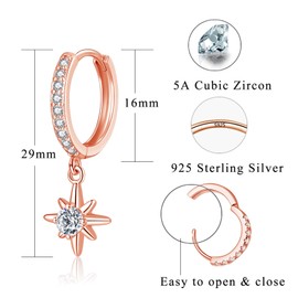 Cangall Silver Drop Hoop Earrings for Women, 925 Sterling Silver Star Dangle Hoop Earrings, Minimalist Small Cartilage Huggie Earrings with Star Dangling, Dainty Rose Gold Sunburst Sleeper Earrings