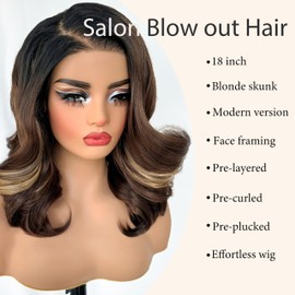 SOKU 13x6 Glueless Lace Front Wig Synthetic Hair - Blonde Skunk Stripe Body Wave 18 Inch Short Wigs for Women, Pre Plucked Pre Layered Bouncy Wavy Wig, Ready to Wear with Tiny Knots