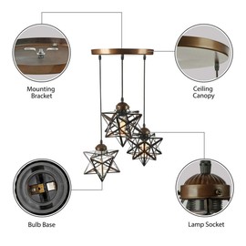 TFCFL Moravian Star Pendant Light, 3-Light Vintage Glass Chandelier Clear Glass Star Ceiling Hanging Lighting Fixture Adjustable Height for Kitchen Island Living Room Bedroom (Brown)