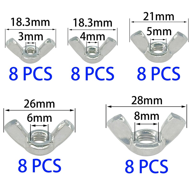 40 PCS M3 - M8 Stainless Steel Wing Nuts, Butterfly