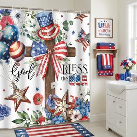 ZCHOMI 4th of July Shower Curtain God Bless USA 250th Anniversary Red Blue Floral Cross Independence Day Star Patriotic Bathroom Curtain Waterproof Fabric Bath Curtain 72 x 72 Inch with 12 Hooks