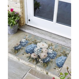 Front Doormat Indoor Outdoor Entrance, Spring Blue Hydrangea Farm Non-Slip Door Mats Low Profile Patio Porch Entryway Rugs, 24"x36" Summer White Camellia Flower