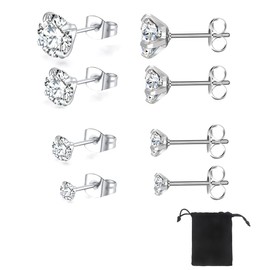 SJBAUTYO Set of 4 Pairs of Stud Earrings Diamond Earrings for Women and Men, Hypoallergenic Sleeper Stud Set, 3/4/5/6 mm with Zirconia Helix Ear Piercing, Stainless Steel