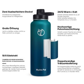 HydroPal Stainless Steel Drinking Bottle - 750 ml, 1 L, 1.2 L, BPA-Free, Suitable for Carbonated Drinks, Insulated Thermos Flask with Straw and 2 Lids, Leak-Proof Insulated Bottle for Children,