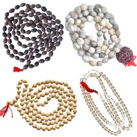 Naisha (Pack of 4) Tulsi Japa Mala, Kamal Gatta Mala (Lotus Seeds), Original Vaijanti Mala & Crystal/Sphatik Agate Mala White Bead 108+1 Beads
