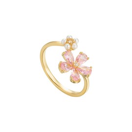 Kokoma Dainty Flower Ring for Women Sparkling Cubic Zirconia Daisy Open Statement Rings Pearl Chic Engagement Promise Ring Wrap Finger Band (Pink)