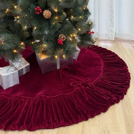 72-Inch Ruffled Velvet Christmas Tree Skirt, Thick Foam-Lined Heavy Duty Fabric with Plush Lace Ties, Wine Red