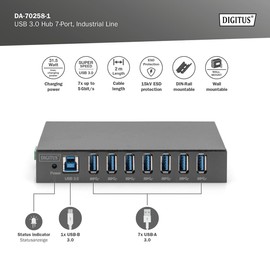 DIGITUS USB Hub - 7 Ports - 7X USB-A - USB 3.0-5 Gbps - USB SuperSpeed - 15 kV ESD Protection - DIN Rail Mounting - Metal Housing - Industrial Series - Black