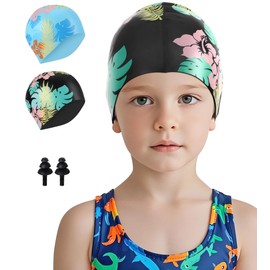 Aegend 2 Pack Kids Swim Cap for Girls Boys Age 3-8, Waterproof Swim Cap Kids Durable Silicone Kids Swimming Cap for Long Hair, Black Hawaii & Blue Hawaii