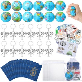 HyDren 12 Sets Travel Party Favors Earth Stress Balls, Airplane Keychain, Passport Book with Assorted Travel Stickers for Scrapbooks, Organza Bags for Adventure Theme Party Graduation Thank Gifts