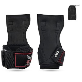 QTF Weight Lifting Grips (Pair) for Heavy Powerlifting, Wrist Straps for Deadlifts, Rows, Pull Ups, with Neoprene Padded Wrist Wraps Support and Strong Rubber Gloves or Straps for Bodybuilding (Black, M)