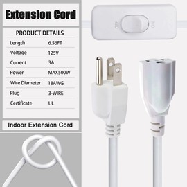 White Extension Cord with Switch On/Off, 3 Prong Grounded Plug Indoor Power Cord, 6.56 FT Insulated & Flame Retardant,125V 375W Indoor Use, UL Listed