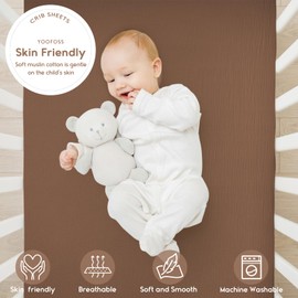 Yoofoss Muslin Crib Sheets for Boys Girls 100% Cotton Fitted Baby Crib Sheet 2 Pack Soft and Breathable for Standard Crib Mattress & Toddler Mattress 52"x28" Apricot&Brown
