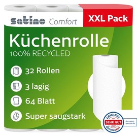 Kitchen Roll 3-Ply – 32 Rolls – 64 Sheets per Roll – Diameter: 10.5 cm / Height: 26 cm – Absorbent, Tear-Resistant & Particularly Soft Thanks to Pulp – Made in Germany – Kitchen Towels Supply – Reserve Satino