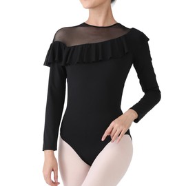 Dance Elite - Callan - Long Sleeve Dance Leotard with Slanted Ruffles Around Mesh Shoulder For Women (Black, Adult XS)