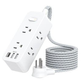 Power Strip Surge Protector, 5Ft Extension Cord, 6 Outlets with 3 USB Ports(1 USB C Outlet), 3-Side Outlet Extender, Wall Mount, Compact for Travel, Home, School, College Dorm Room and Office - Color: White  15FT-Right Angle Plug