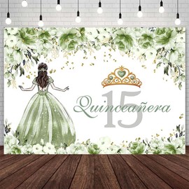 AIBIIN 10x7ft Quinceanera 15th Birthday Backdrop for Girls Sage Green Dress Crown Princess Photography Background Sage Green Flowers Birthday Party Decorations
