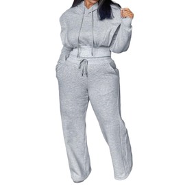 CHICME Womens 2 Piece Outfits Cropped Hooded Long Sleeve Sweatshirt and Wide Leg Sweatpants Set Sweatsuit Tracksuit-ga-L