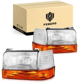 FEBERG [OE Style Anti-Yellowing Headlights Assembly for 1992-1997 Ford F-150 F-Super Duty / 92-98 F-250 F-350/92-96 Ford Bronco Replacement Headlamp with Corners and Signal Lights Chrome Housing