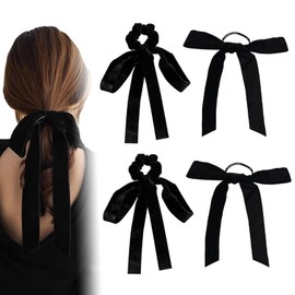 4Pcs Velvet Bow Hair Ties, BetterJonny Long Tail Bow Hair Scrunchies Hairbands with Bow, Elegant Hair Ribbon Bow Tie Hair Loop Hair Accessories with Elastic Hair Band for Women Girls