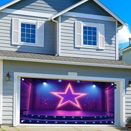 7X16ft Show Stage Garage Door Cover Background Purples Star Spotlight Hall Club Rockstar Music Party Background Dance for Movie Night Performance Party Outdoor Indoor Banner Cover