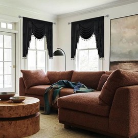 JADE POKE Black Velvet Valance for Living Room, Luxury Waterfall Valances for Windows - Beaded Valance with Tassels for Kitchen Rod Pocket Swag Valance for Bedroom (1 Panel, W39 Inch)