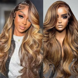 Highlight Lace Front Wig Human Hair Ombre Body Wave Human Hair Wig 13x4 HD Lace Closure Wigs Pre Plucked with Baby Hair 4/27 Balayage Wigs 220% Density for Women 28 Inch