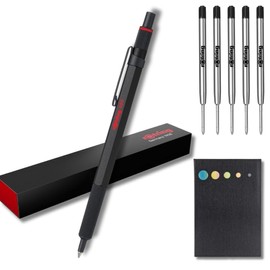 rOtring 600 Ballpoint Pen Set Medium Point Black Ink Black Barrel with Non-Slip Knurled Grip 5 Black Refills (M) + Sticky Notes