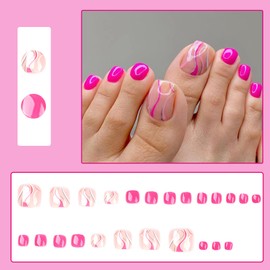 Boloshine 24Pcs Press on Toe Nails, Short Square False Toenails French Tip Toe Nails, Glossy Full Cover Stick on Toenails, Removable Summer Fake Toe Nails for Women and Girls - Candy-coated Kiss